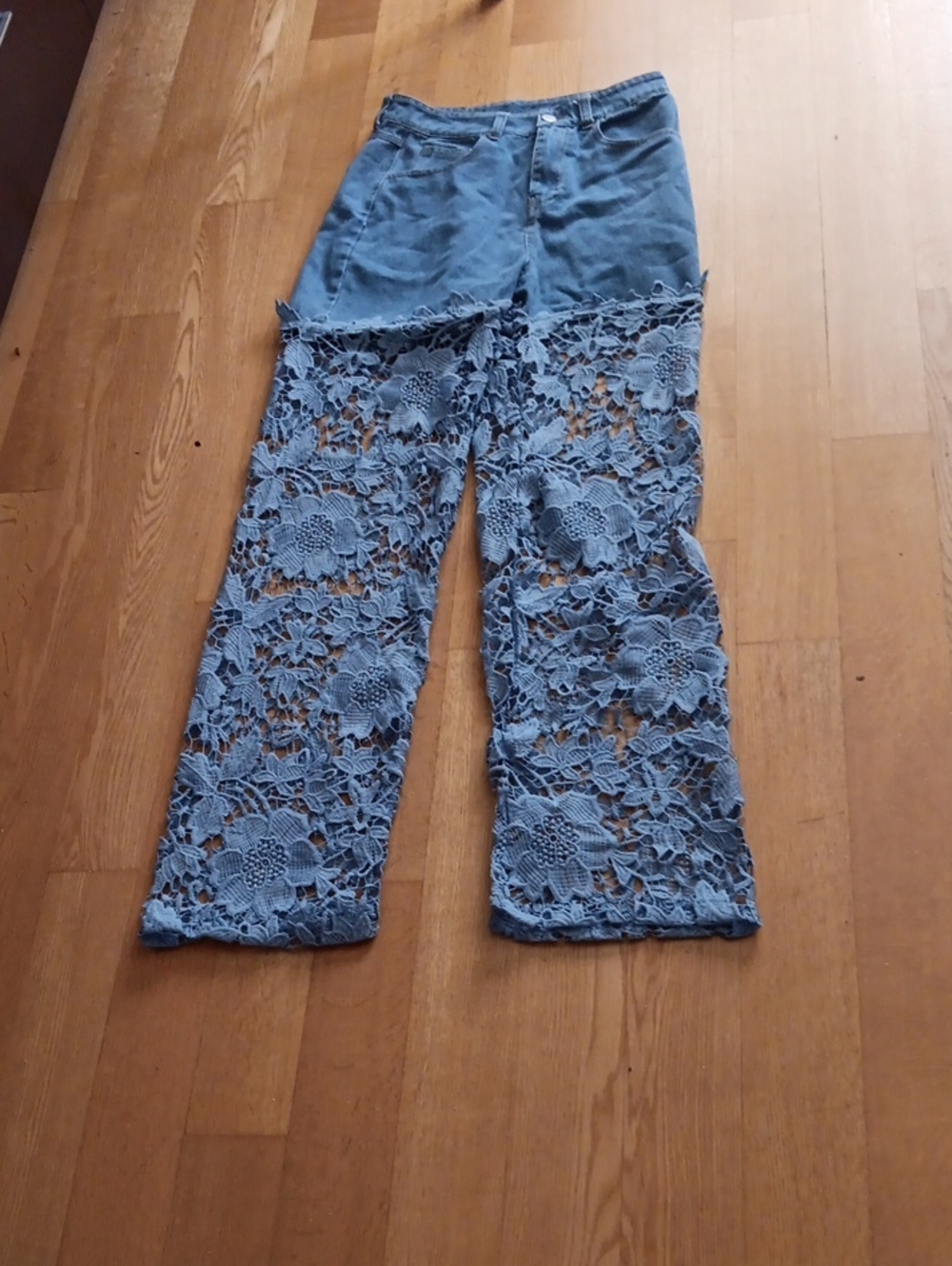 Light Blue Green Flare-Leg  Lace See Thru Leg Jeans